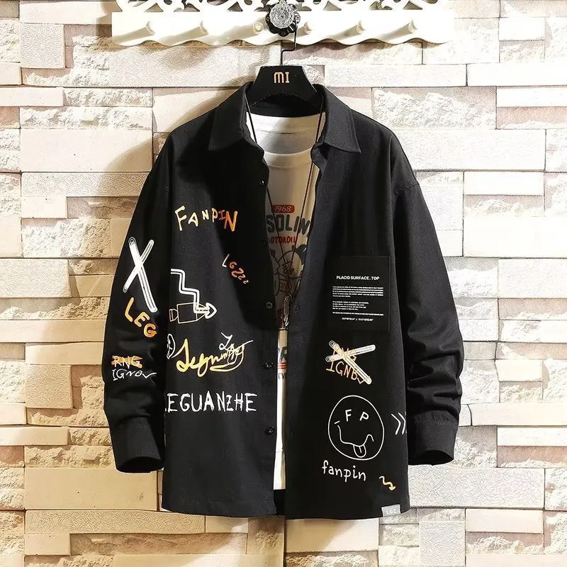 Men's loose casual floral cardigan long sleeve shirt in three colours: black, gray, and khaki