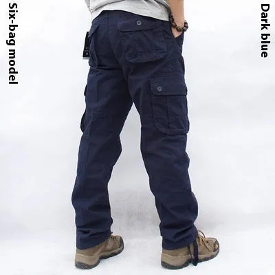 Men's multi-pocket cotton work trousers in solid colour, straight leg, mid waist, zip fly, size L to 5XL