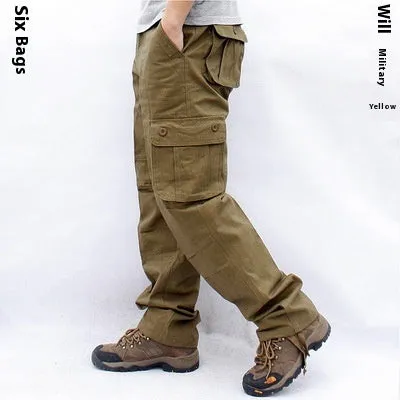 Men's multi-pocket cotton work trousers in solid colour, straight leg, mid waist, zip fly, size L to 5XL