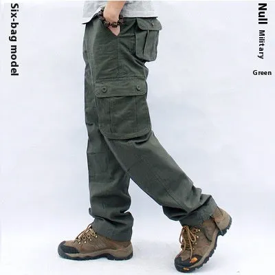 Men's multi-pocket cotton work trousers in solid colour, straight leg, mid waist, zip fly, size L to 5XL