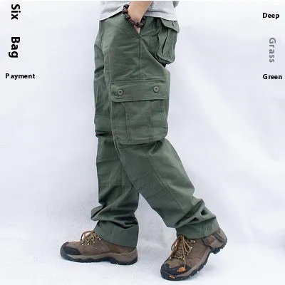 Men's multi-pocket cotton work trousers in solid colour, straight leg, mid waist, zip fly, size L to 5XL