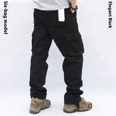 Men's multi-pocket cotton work trousers in solid colour, straight leg, mid waist, zip fly, size L to 5XL