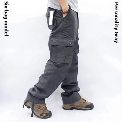 Men's multi-pocket cotton work trousers in solid colour, straight leg, mid waist, zip fly, size L to 5XL