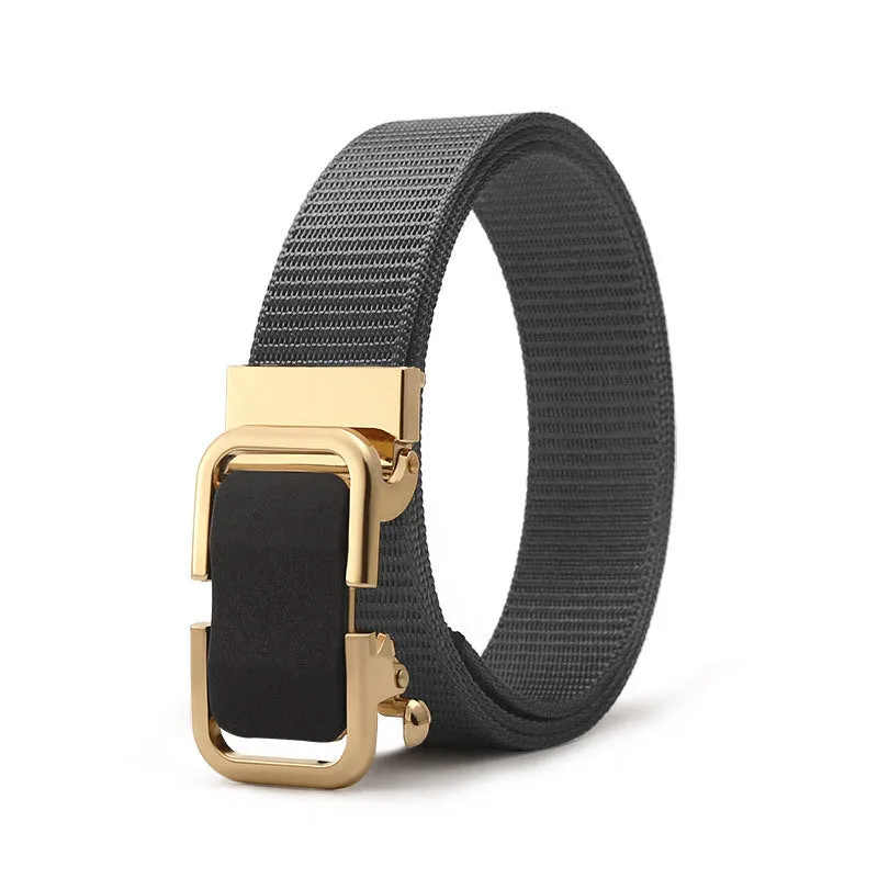 Men's nylon canvas belt with a silver slide buckle on a grey background, showing the adjustable toothless design.