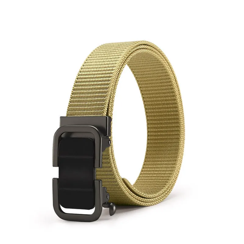 Men's nylon canvas belt with a silver slide buckle on a grey background, showing the adjustable toothless design.