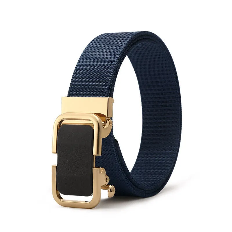 Men's nylon canvas belt with a silver slide buckle on a grey background, showing the adjustable toothless design.