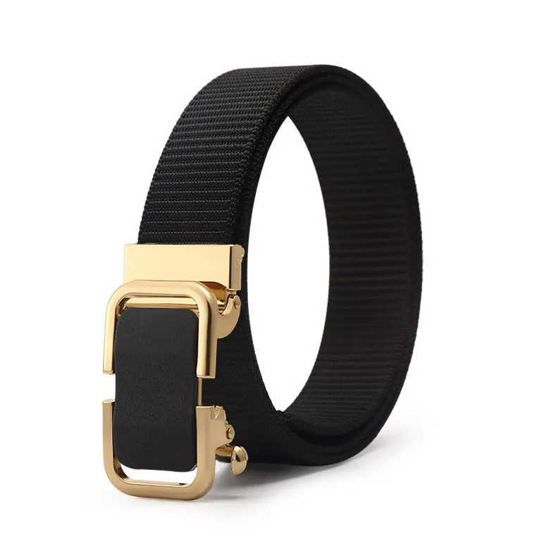 Men's nylon canvas belt with a silver slide buckle on a grey background, showing the adjustable toothless design.