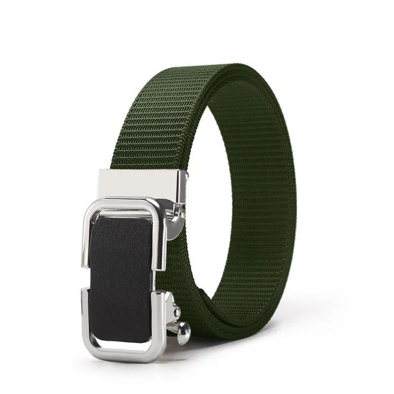 Men's nylon canvas belt with a silver slide buckle on a grey background, showing the adjustable toothless design.