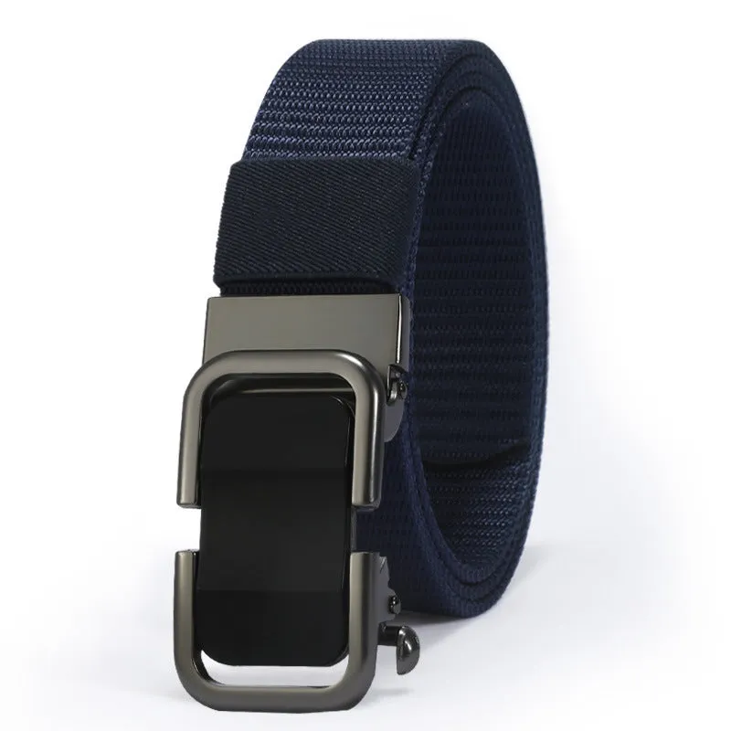 Men's nylon canvas belt with a silver slide buckle on a grey background, showing the adjustable toothless design.