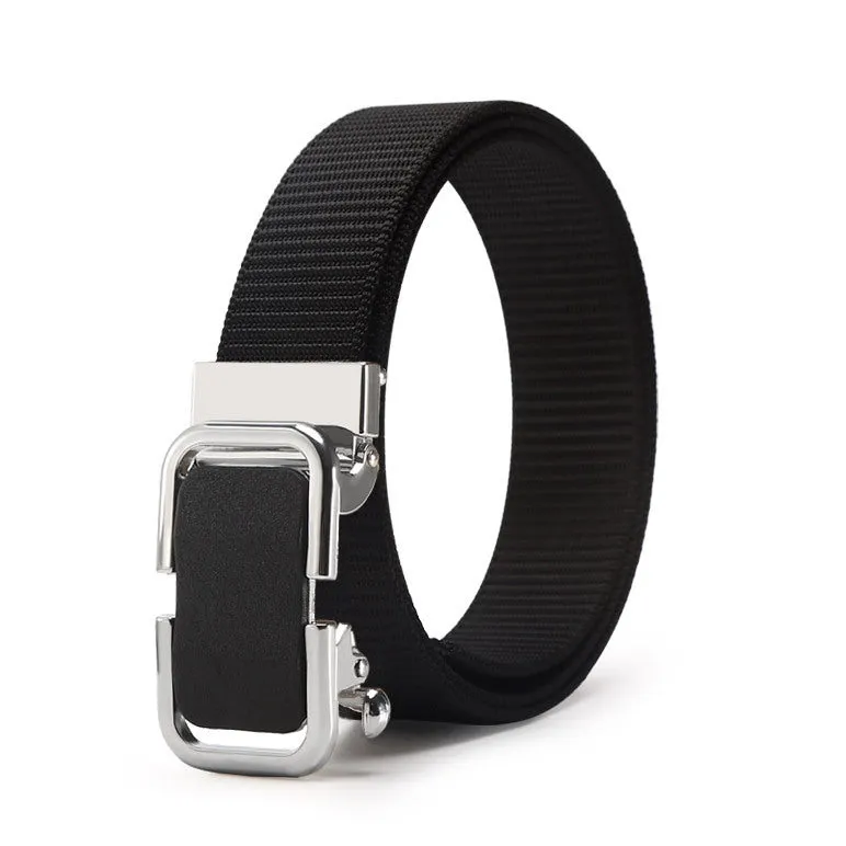 Men's nylon canvas belt with a silver slide buckle on a grey background, showing the adjustable toothless design.