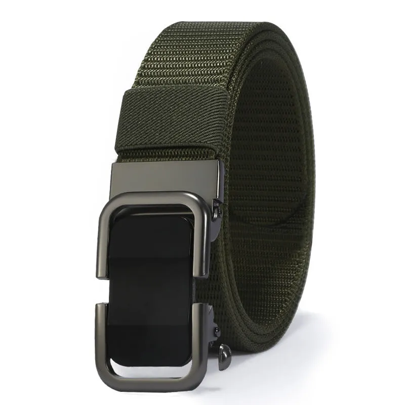 Men's nylon canvas belt with a silver slide buckle on a grey background, showing the adjustable toothless design.