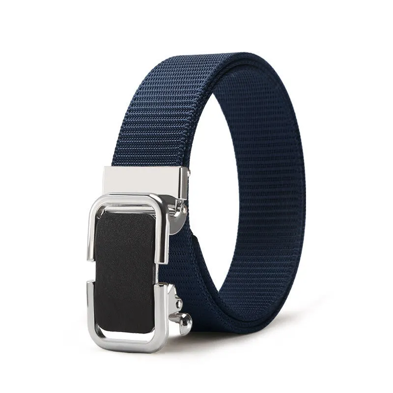Men's nylon canvas belt with a silver slide buckle on a grey background, showing the adjustable toothless design.