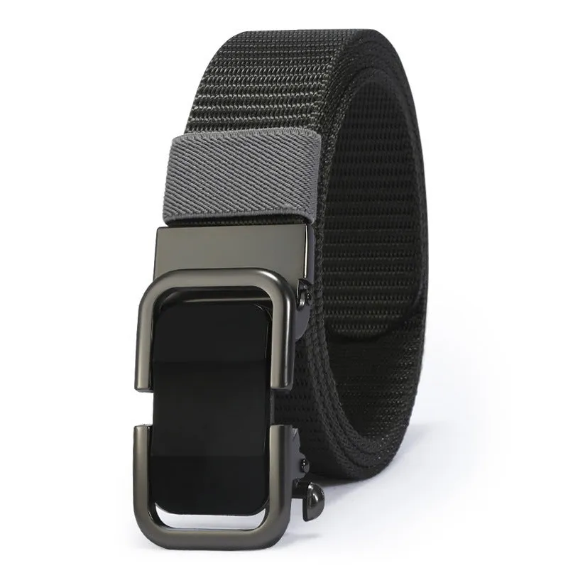 Men's nylon canvas belt with a silver slide buckle on a grey background, showing the adjustable toothless design.
