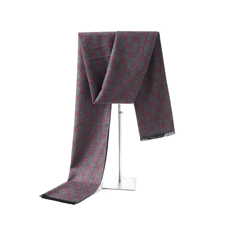 Men's winter scarf in silk and cashmere blend, approximately 180cm long, available in black and grey colours