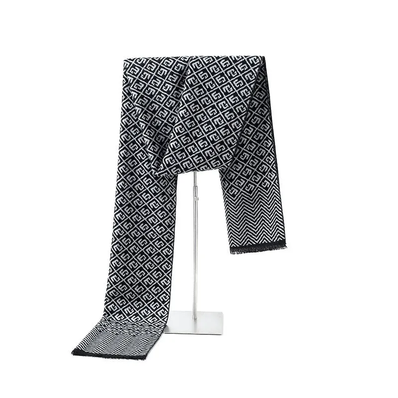 Men's winter scarf in silk and cashmere blend, approximately 180cm long, available in black and grey colours