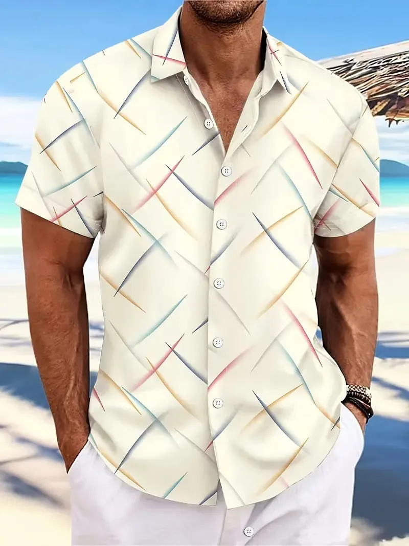 Men's casual beach short sleeve button shirt with striped feather pattern in loose fit polyester fabric