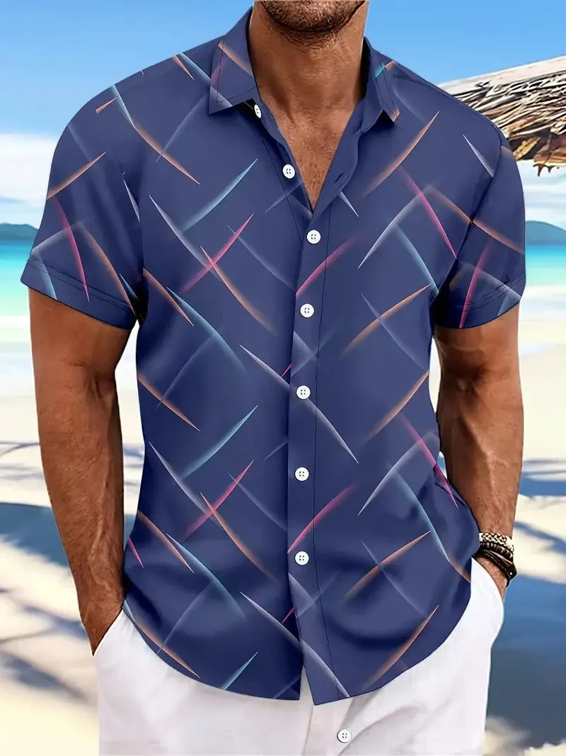 Men's casual beach short sleeve button shirt with striped feather pattern in loose fit polyester fabric