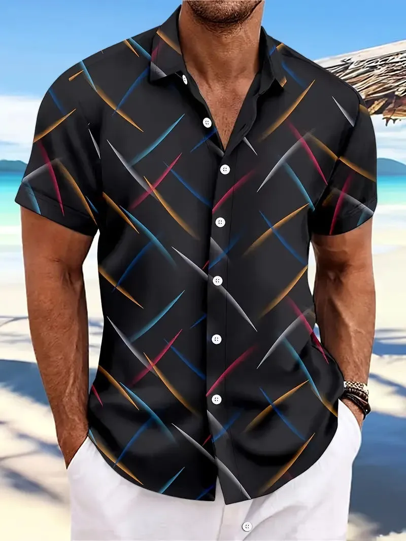 Men's casual beach short sleeve button shirt with striped feather pattern in loose fit polyester fabric