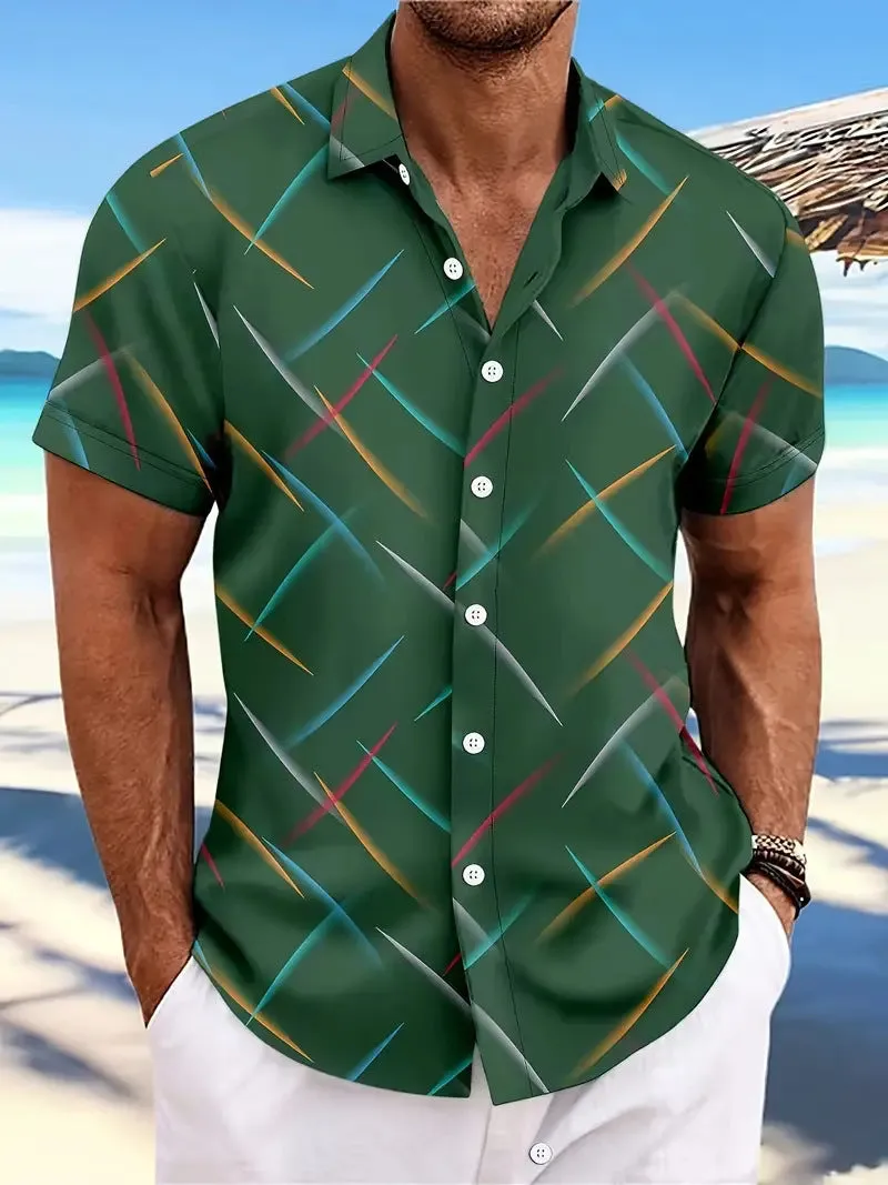 Men's casual beach short sleeve button shirt with striped feather pattern in loose fit polyester fabric