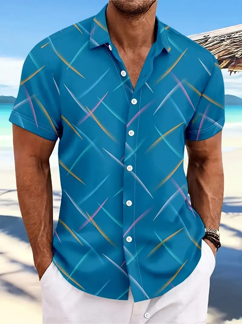 Men's casual beach short sleeve button shirt with striped feather pattern in loose fit polyester fabric