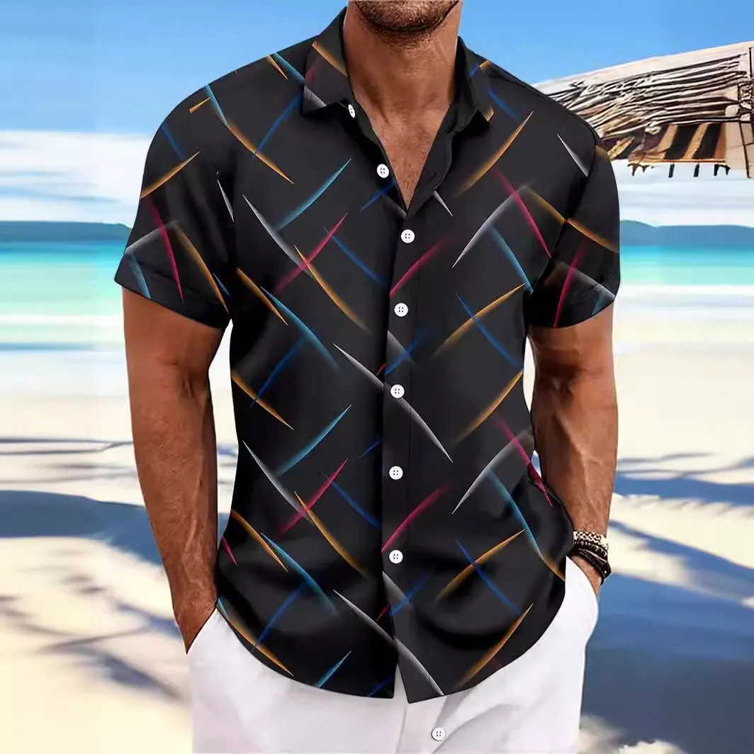 Men's casual beach short sleeve button shirt with striped feather pattern in loose fit polyester fabric