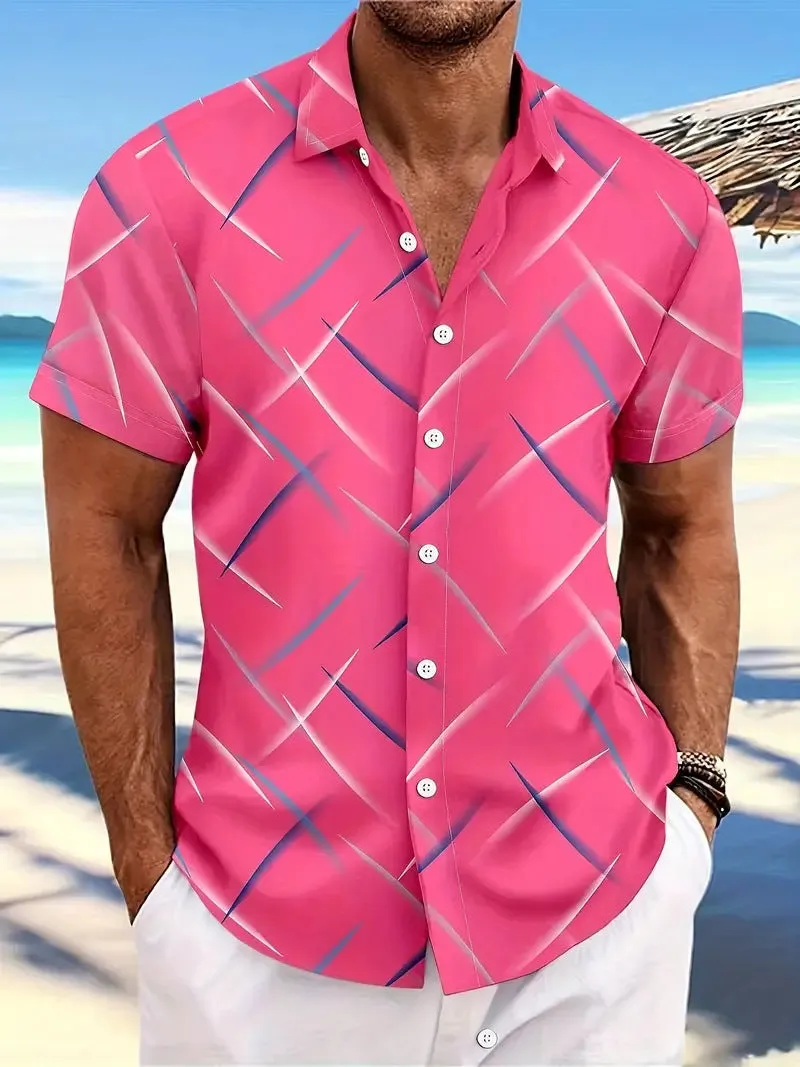 Men's casual beach short sleeve button shirt with striped feather pattern in loose fit polyester fabric
