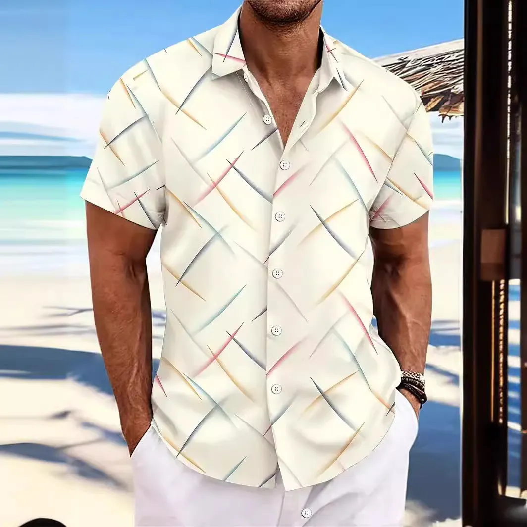 Men's casual beach short sleeve button shirt with striped feather pattern in loose fit polyester fabric
