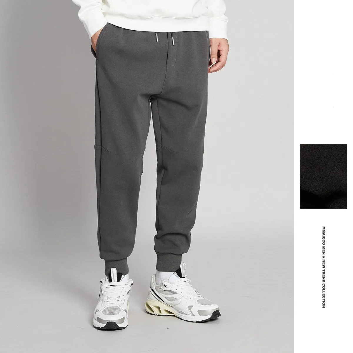 Cotton blend mid-waist drawstring loose fit nine-tenths men's casual pants in grey with tether closure