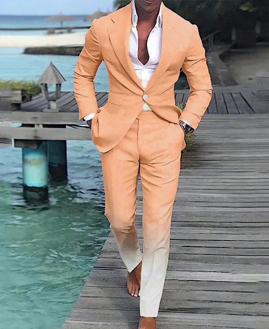 Mens loose fit suit jacket and trousers set in orange nylon blend fabric European American style