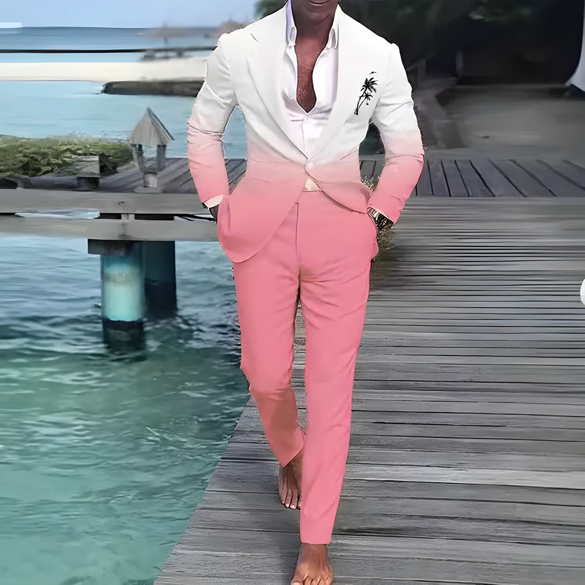 Mens loose fit suit jacket and trousers set in orange nylon blend fabric European American style