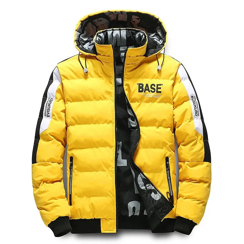 Men's winter thickened coat jacket with detachable collar and hood in solid black colour, regular fit, size M to 5XL