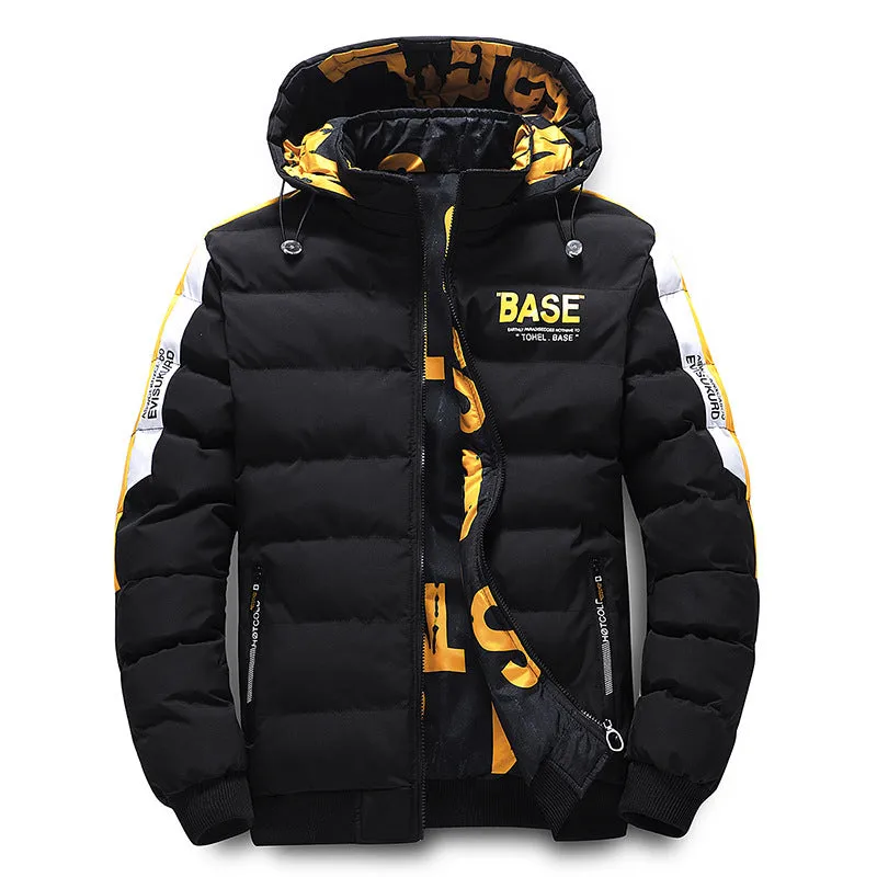 Men's winter thickened coat jacket with detachable collar and hood in solid black colour, regular fit, size M to 5XL