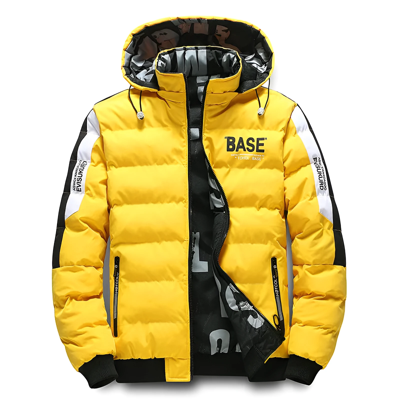 Men's winter thickened coat jacket with detachable collar and hood in solid black colour, regular fit, size M to 5XL