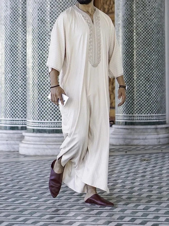 Men's milky white linen blend loose cardigan Muslim robe with short sleeves