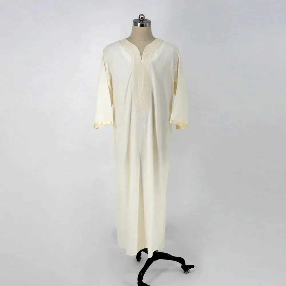 Men's milky white linen blend loose cardigan Muslim robe with short sleeves