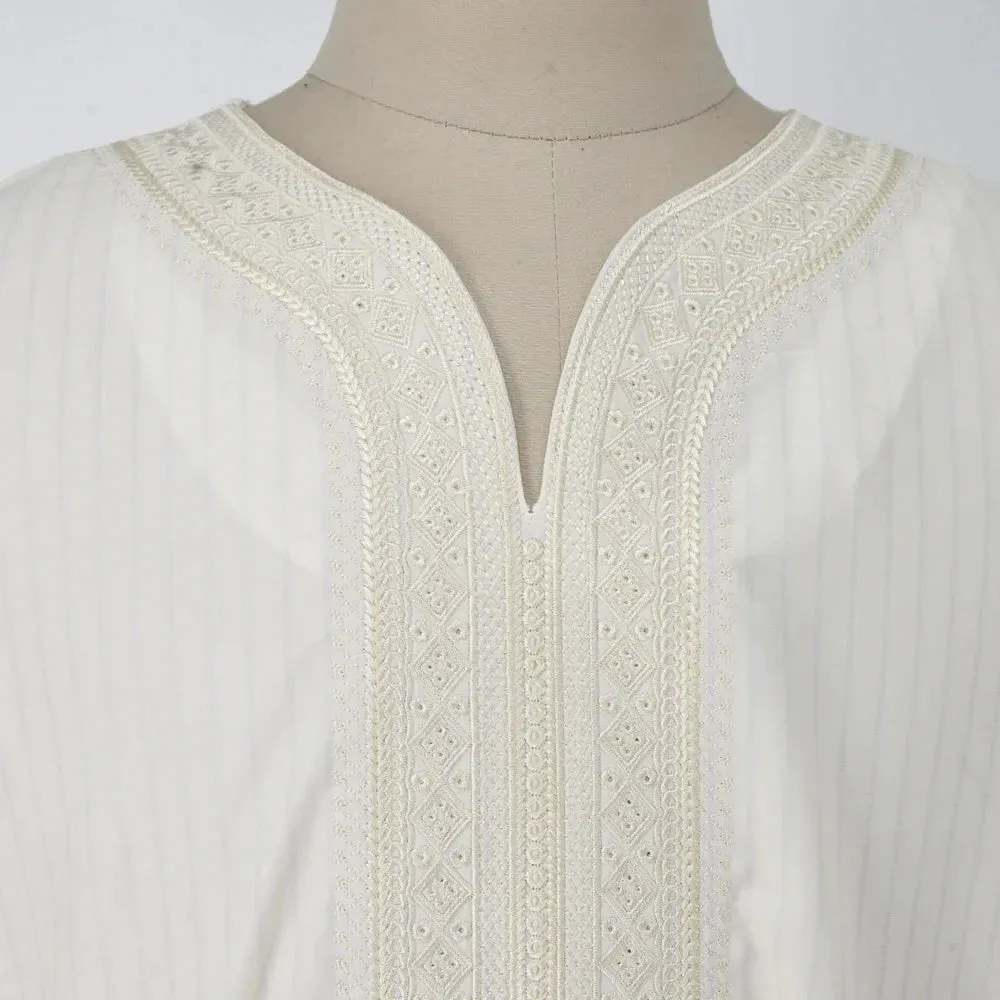 Men's milky white linen blend loose cardigan Muslim robe with short sleeves
