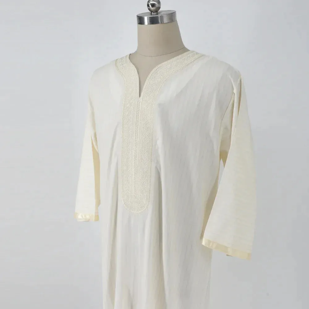 Men's milky white linen blend loose cardigan Muslim robe with short sleeves