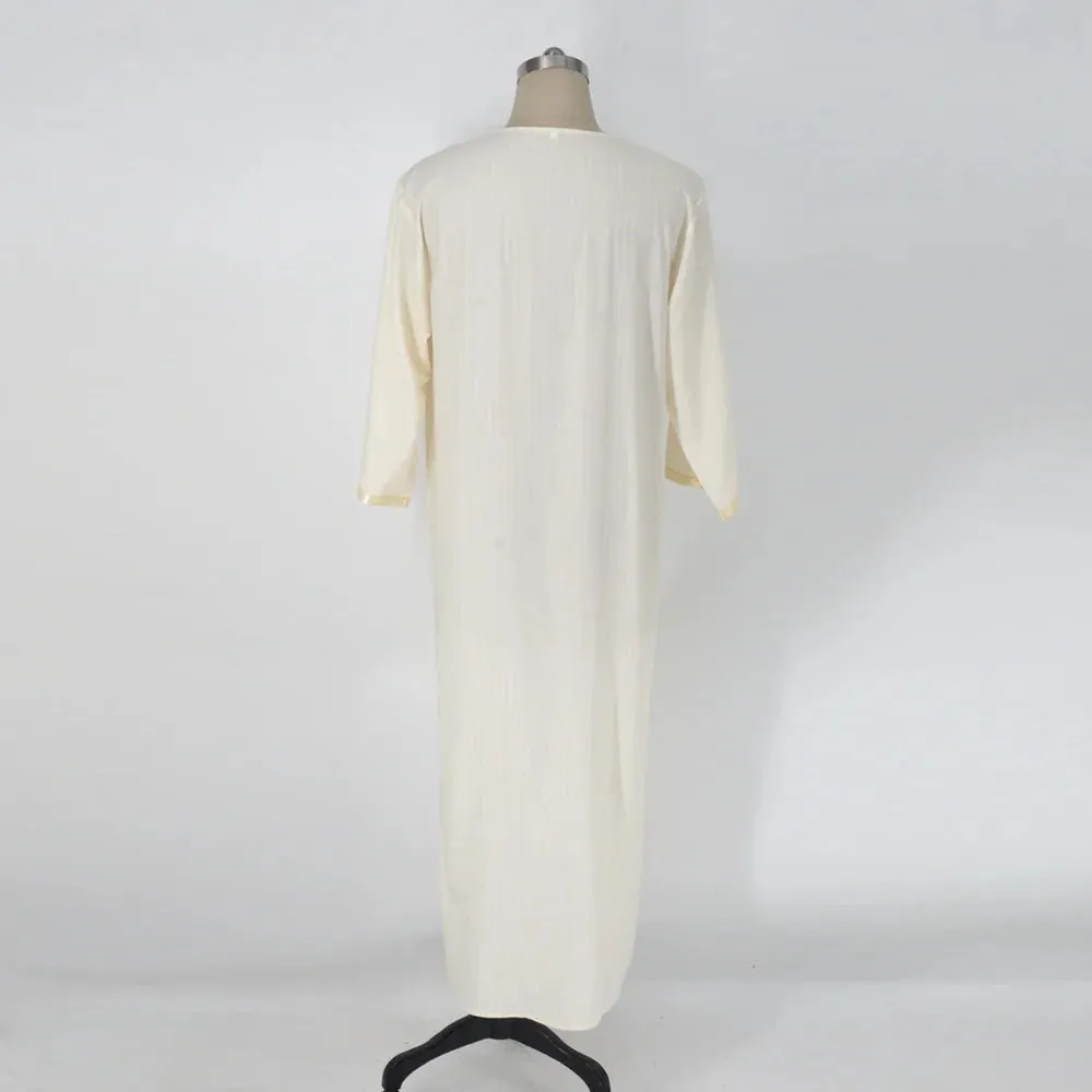 Men's milky white linen blend loose cardigan Muslim robe with short sleeves