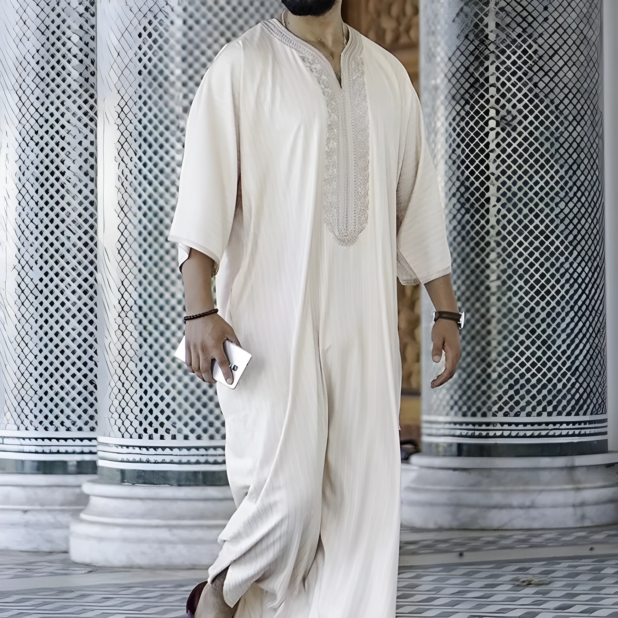 Men's milky white linen blend loose cardigan Muslim robe with short sleeves