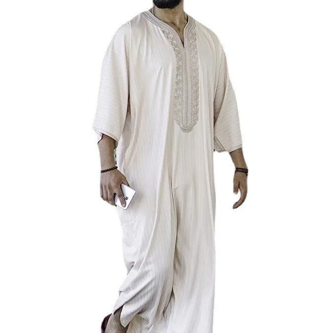 Men's milky white linen blend loose cardigan Muslim robe with short sleeves