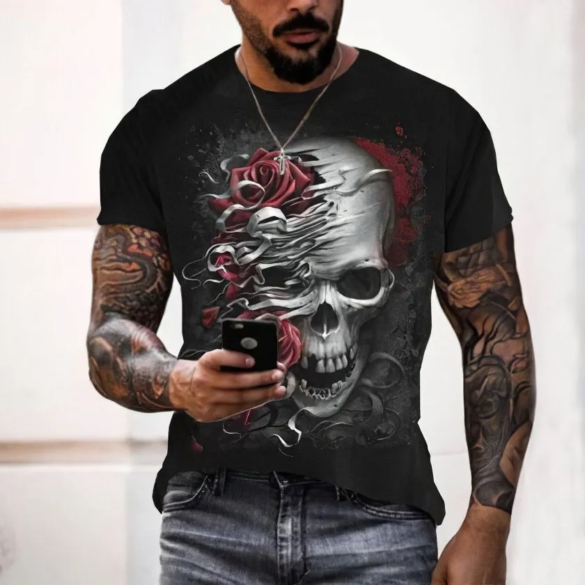 Summer 3D skull full-body printed T-shirt for men in milk silk fabric with geometric pattern, short sleeves, round neck