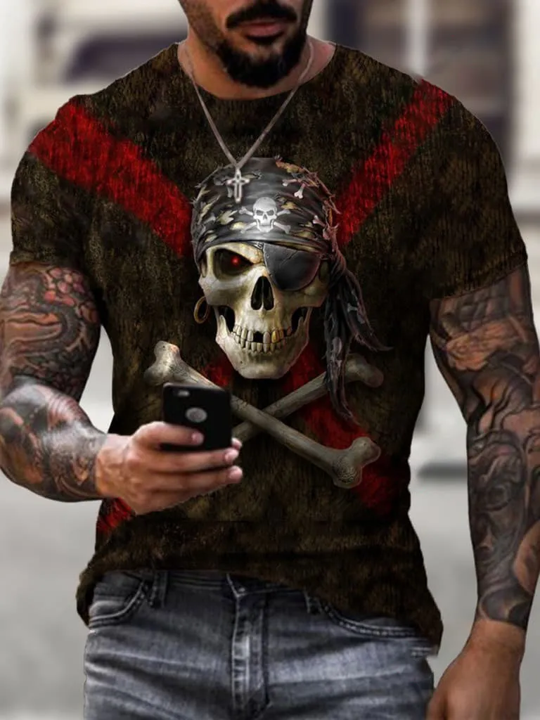 Summer 3D skull full-body printed T-shirt for men in milk silk fabric with geometric pattern, short sleeves, round neck