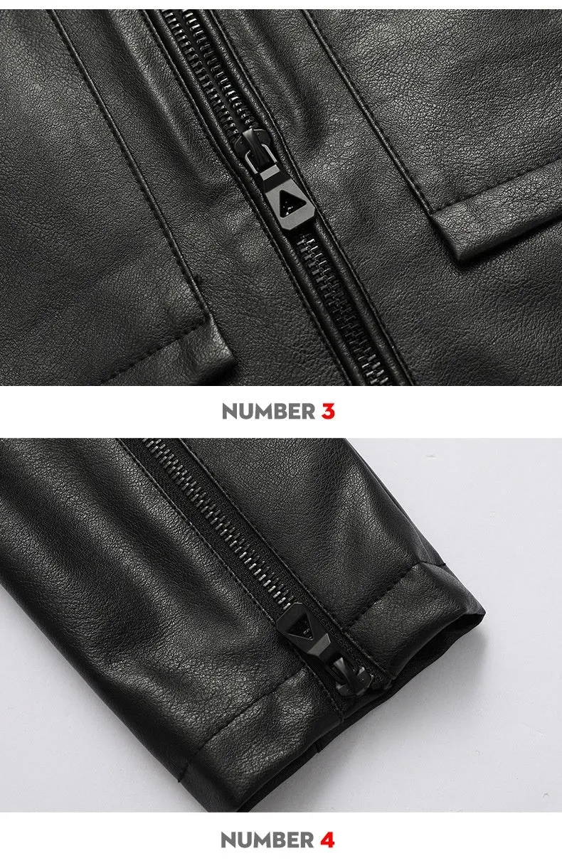 Men's slim lapel casual leather jacket in black, artificial leather, spring autumn outerwear