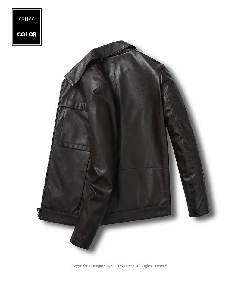 Men's slim lapel casual leather jacket in black, artificial leather, spring autumn outerwear