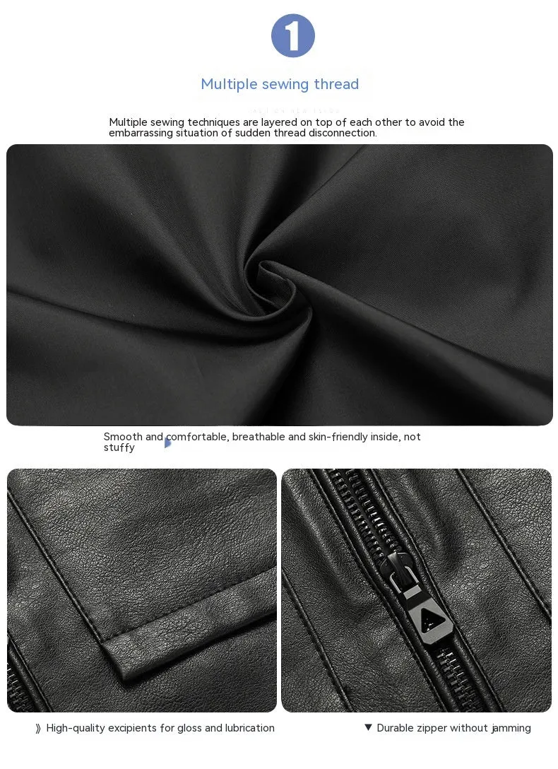 Men's slim lapel casual leather jacket in black, artificial leather, spring autumn outerwear