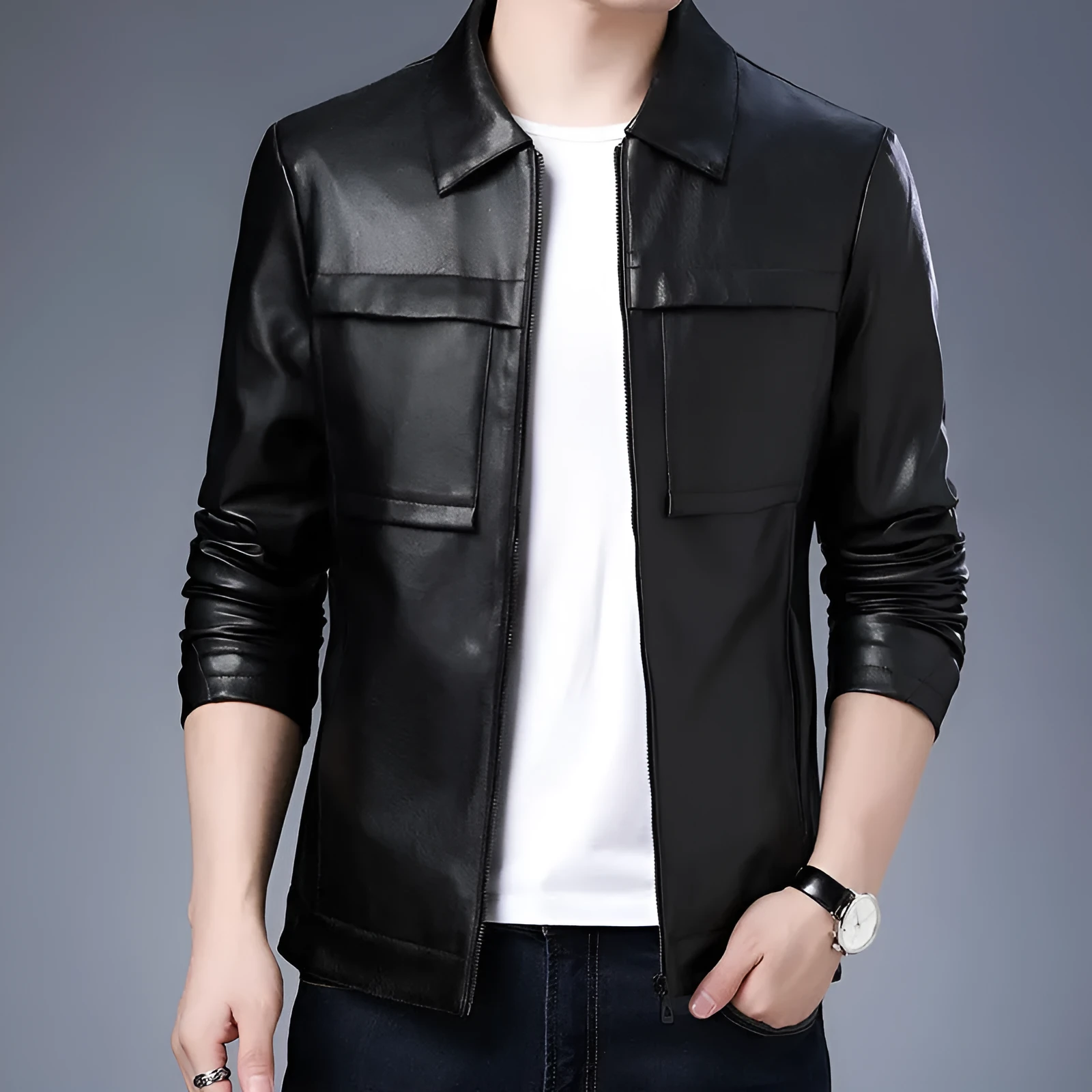 Men's slim lapel casual leather jacket in black, artificial leather, spring autumn outerwear