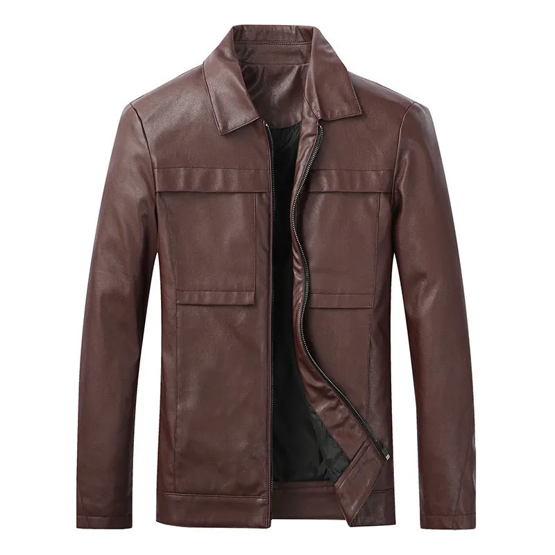 Men's slim lapel casual leather jacket in black, artificial leather, spring autumn outerwear