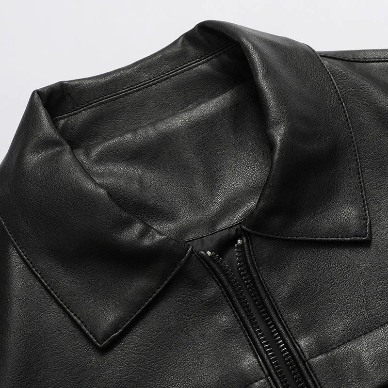 Men's slim lapel casual leather jacket in black, artificial leather, spring autumn outerwear