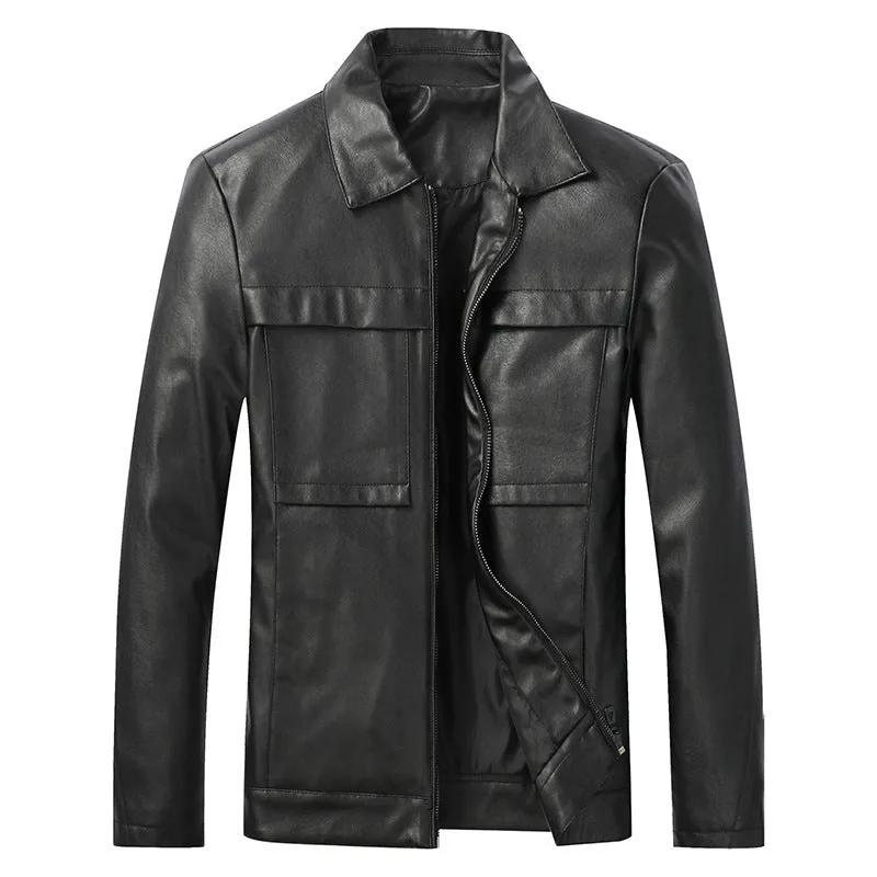 Men's slim lapel casual leather jacket in black, artificial leather, spring autumn outerwear