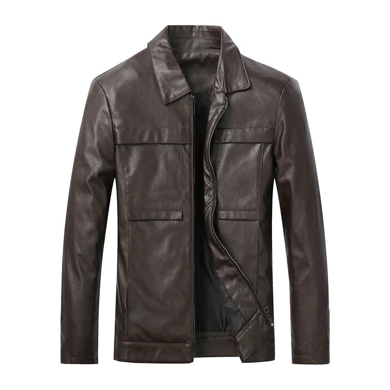 Men's slim lapel casual leather jacket in black, artificial leather, spring autumn outerwear